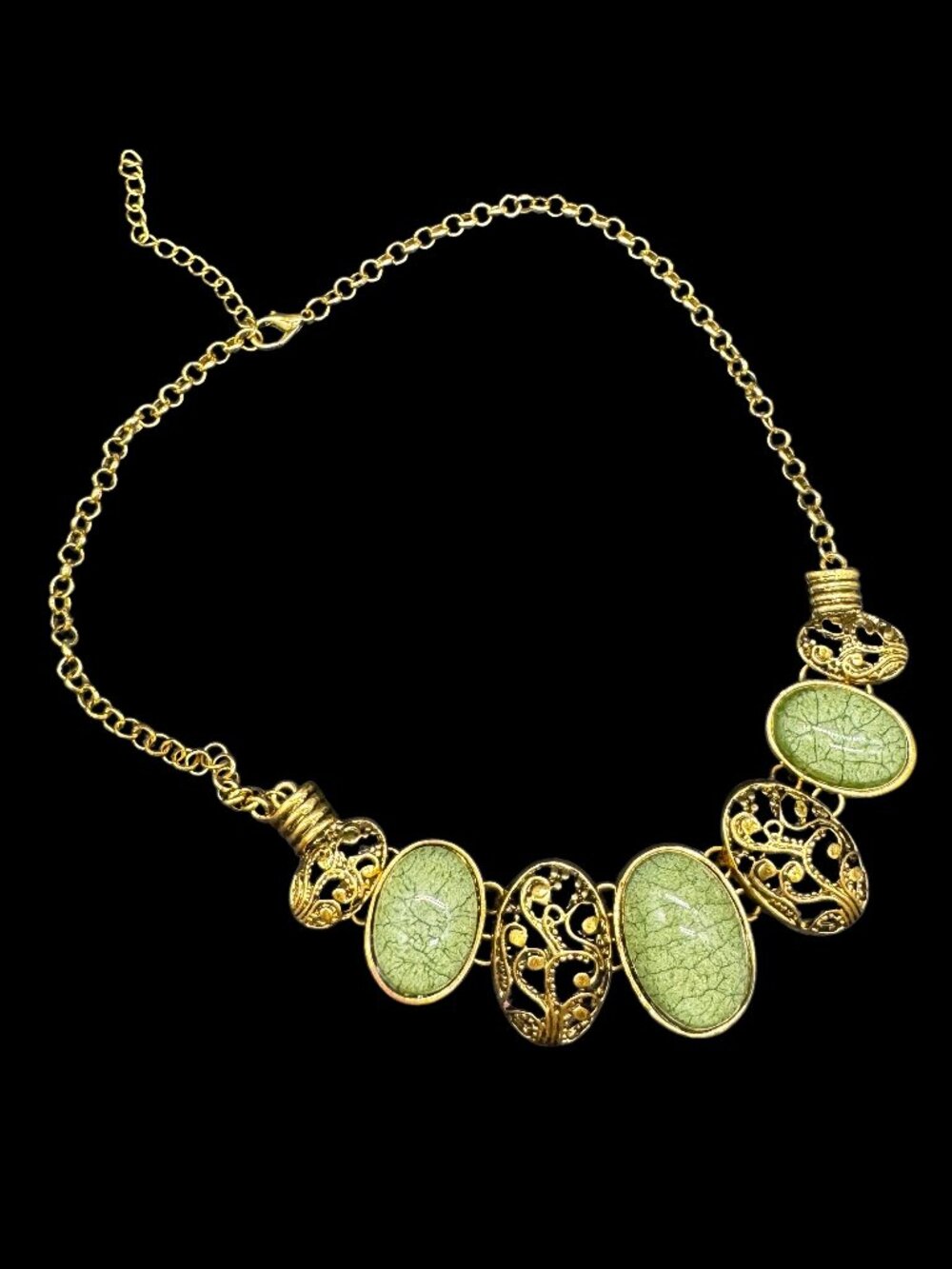 Gold Tone Necklace Oval Cabochon Green Acrylic Stones Filigree Design